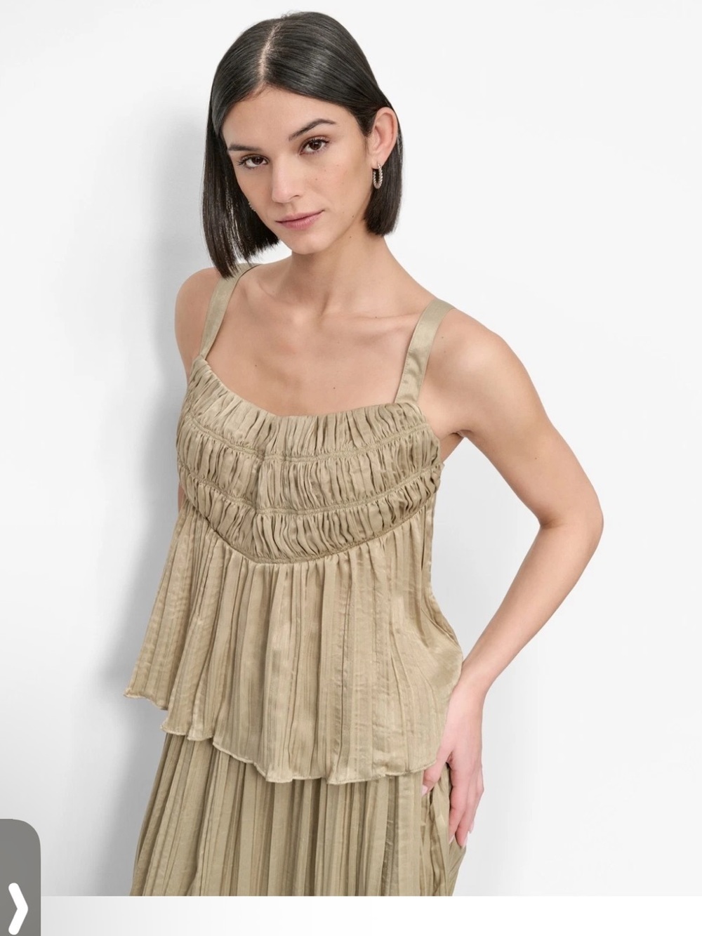 DKNY Crushed Crease Smocked Sleeveless Top Women's M Pale Moss Adjustable Strap